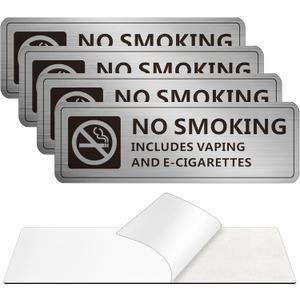 (4 Pack) No Smoking Signs for Home and Business, Self-adhesive No Vaping Sign, Rust Free Aluminum Warning Signage for Indoor Outdoor Use (7 x 2 inches, Brushed Aluminum)