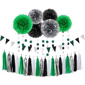 Black Green Silver Football Party-Decorations - 30pcs Soccer Graduation Streamers,Tissue Pom Poms,Tassel Garland Backdrop Men Boys Birthday Spring Sunmer Bunting Jungle theme Banner Lasting Surprise