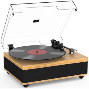 Vinyl Record Player Bluetooth Turntable with Built in Speakers High Fidelity Belt Drive 2Speed Turntables with Magnetic Cartridge AT3600L Record Players with Light Strip, Support RCA Output, Walnut