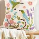 Spring Pillow Cover 18x18 Inch Embroidered Summer Throw Pillow Cover Flowers Birds Farmhouse Decorative Cushion Case with Hidden Zipper Decoration for Couch, Sofa, Living Room(1 Pack)