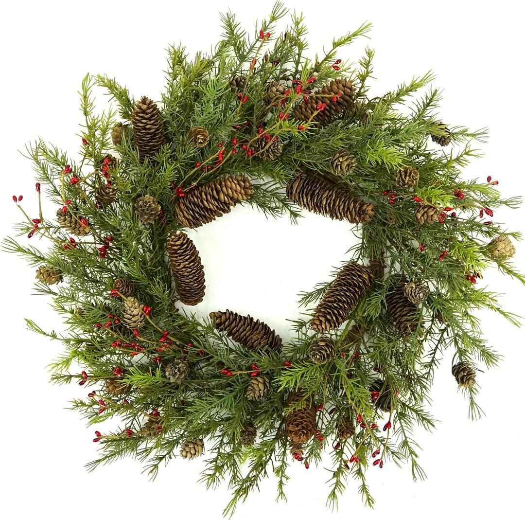 22 inch Artificial Christmas Wreath for Front Door Winter Cedar Wreath with Pine Cones,Pine Needles for Front Door Farmhouse Indoor Outdoor Holiday Home Decor (Green Pine Needle and Red Berry B)