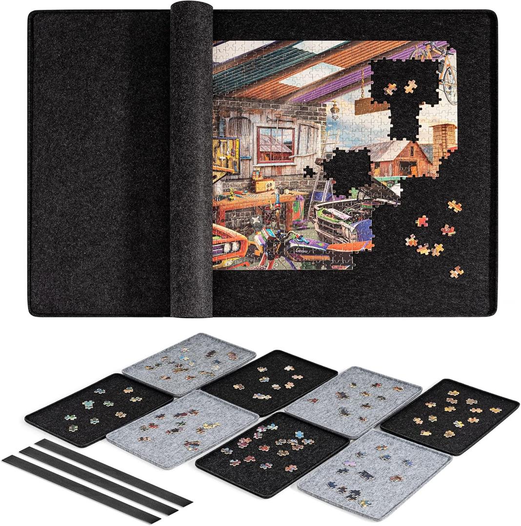 Lavievert Jigsaw Puzzle Board with 8 Sorting Trays & Cover, Lightweight & Portable Felt Mat Table for Adults, Large Puzzle Storage Saver Holder for Up to 1500 Pieces - Black (Black)