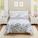 Garden Toile 3-Piece Reversible Quilt Set - Lightweight Coverlet Set, Floral Vintage Quilted Bedding Set with 2 Shams, All Seasons, King Size, Blue