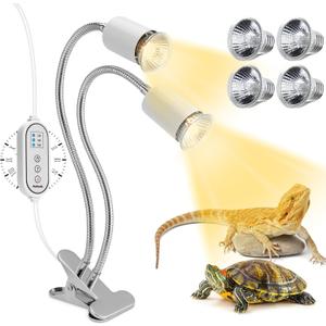 Reptile Heat Lamp, Dual Head Reptile Light with Cycle Timer, Dimmable UVA/UVB Basking Light for Turtle Tortoise Lizard Snake Bearded Dragon and More, 4 Bulbs (2PCS 25W + 2PCS 50W) Included