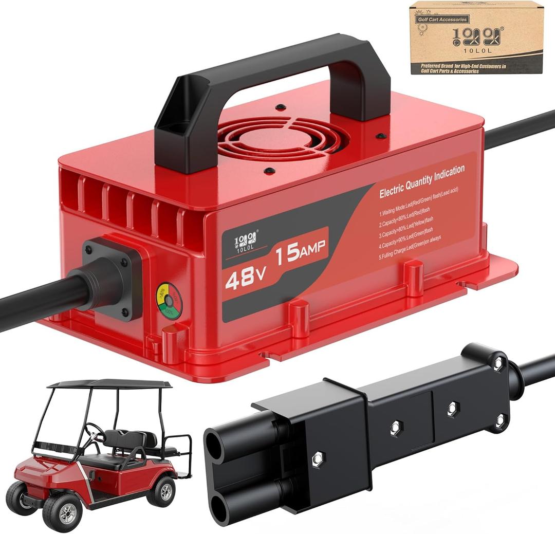 10L0L 15 Amp 48 Volt Golf Cart Battery Charger for Yamaha G19/G22 (1996-2002/2003-2007) Carts 16 FT Cord with Trickle Charge, IP67 Waterproof 2-pin Plug for Lead-Acid Battery (Red)