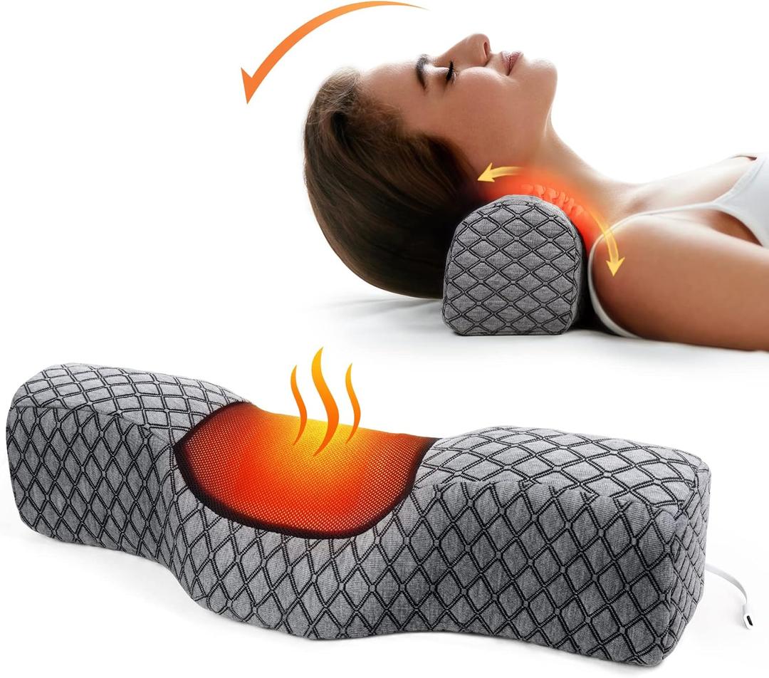 Neck Roll Pillows for Pain Relief Sleeping, Heated Memory Foam Cervical Neck Support Pillow for Bed with USB Graphene Heating for Stiff Neck Pain Relief (Grey)
