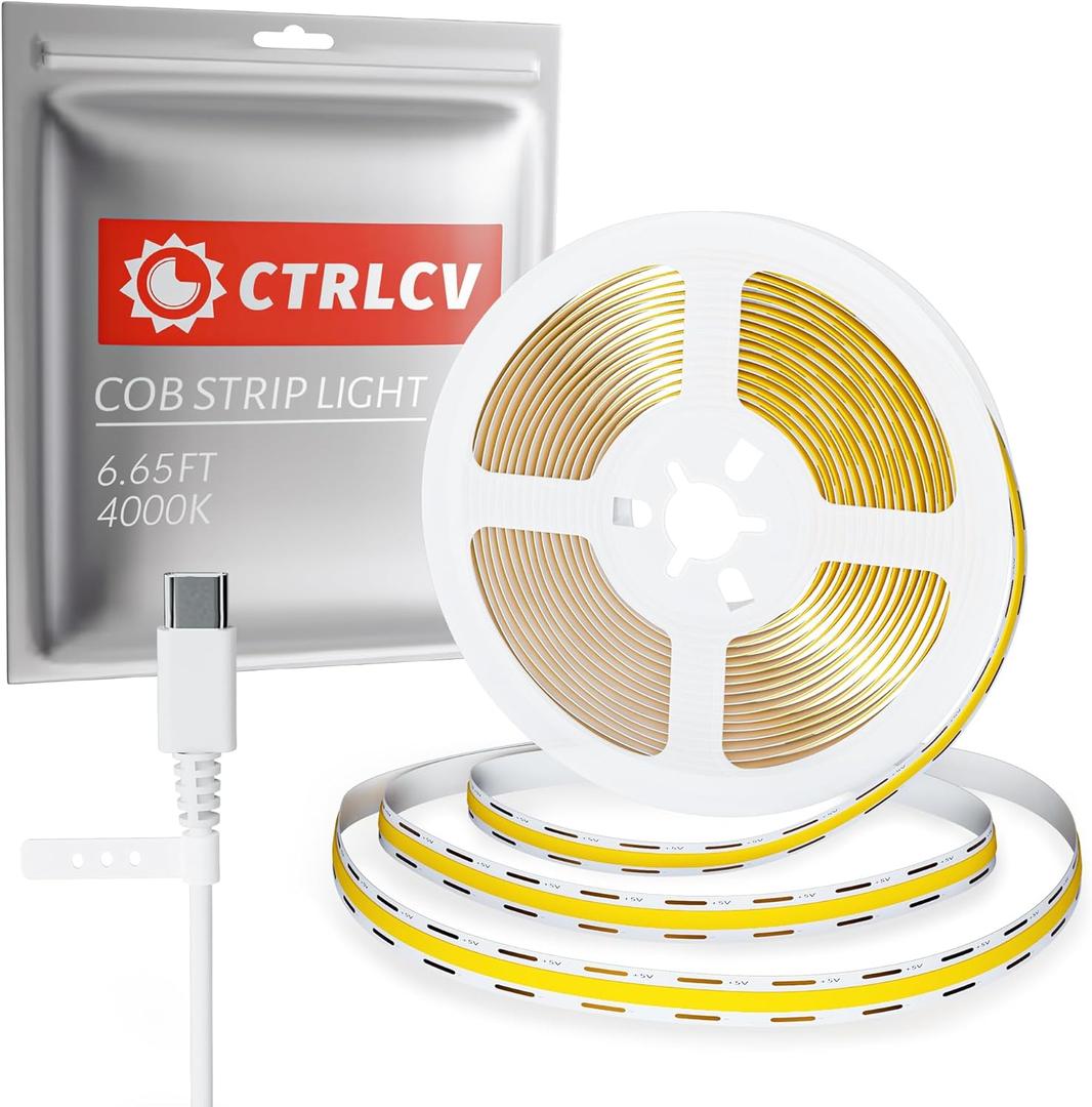 CtrlCV Type C COB LED Strip 6.56ft/2m- Flexible 8mm Hidden DC 5V LED Tape, 300 LEDs/m,Neutral White (4000K) Light. Cuttable, Shapeable,Mobile Power Bank,PC,Mobile Phone,TV,etc.can All be Used