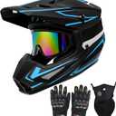 Youth Motorcross Helmet, Kids Dirt Bike Helmets, Motorcycle Helmets Off-Road Mountain Bike BMX MX ATV Helmet with(Gloves Goggles Mask) 4Pcs Set - DOT Approved (B-Blue, Medium)