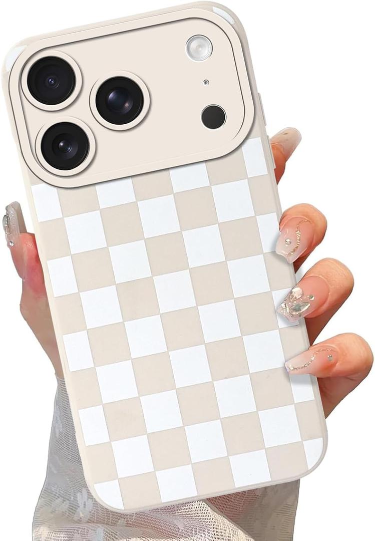 Cute Checkered Case for iPhone 17 Pro max 6.9'', Aesthetic Checkerboard Lattice Pattern Print Design Funda Slim Fit Soft TPU Silicone Shockproof Full Camera Protective Cover for Women Girl (White)