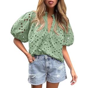 PRETTYGARDEN Women's Summer Tops 2025 Dressy Casual Short Sleeve V Neck Buttons Hollow Out Lace Embroidered Blouses Shirts XL