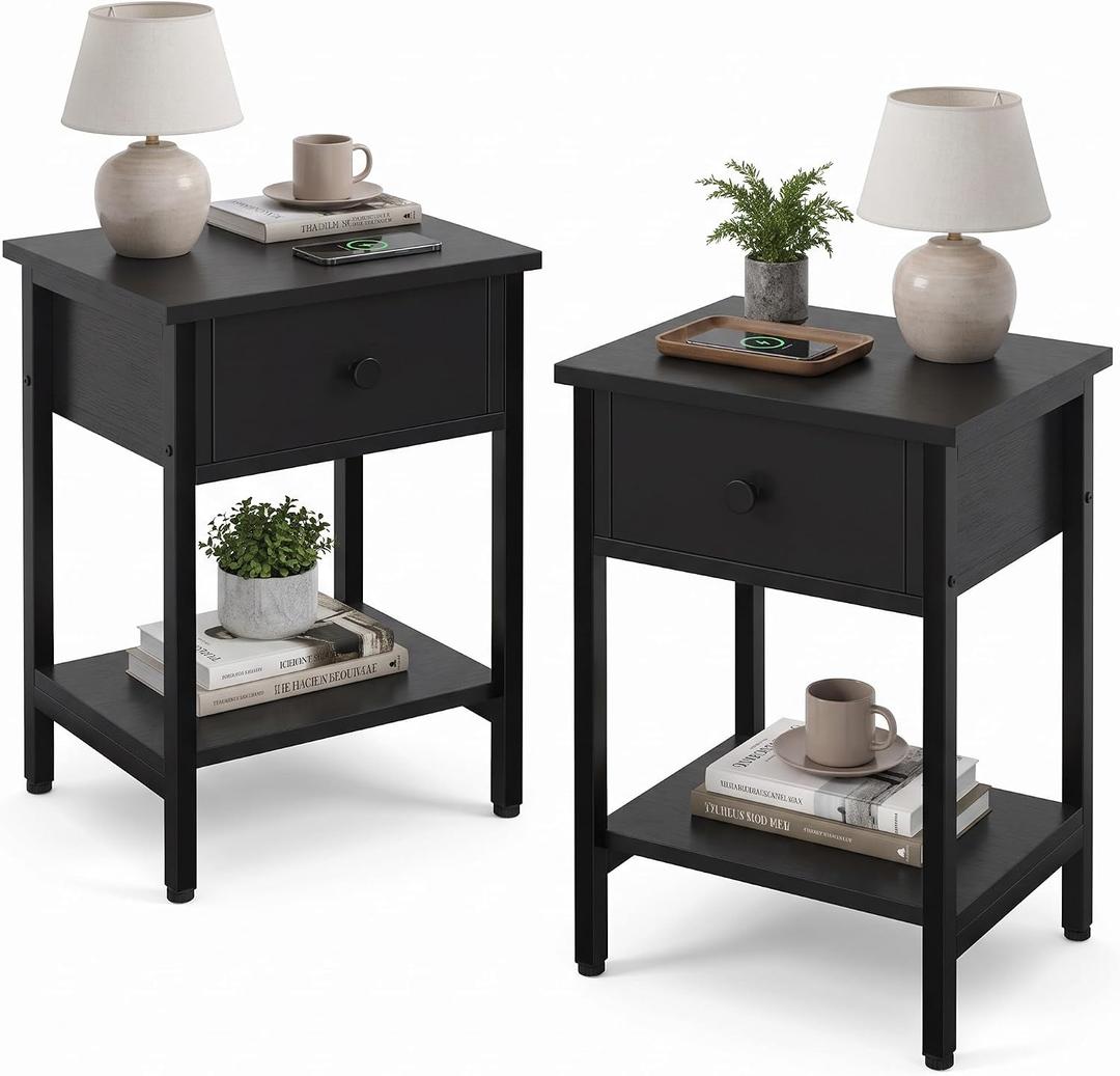 Nightstands Set of 2 with Drawers and Storage Shelves, Modern Bedside Table with Steel Frame, Wood Night Stand End Side Table for Bedroom Small Spaces, Black