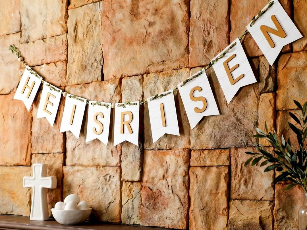 CroBlissful He Is Risen Easter Church Christian Easter Banner He Is Risen Wooden Mantle Banner Religious Decorations Holiday Party Decorations for Farmhouse Home Wall