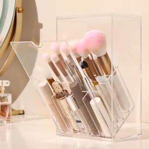 Acrylic Makeup Brush Holder with Slanted Flip-Top Lid - Clear Dustproof Cosmetic Make up Brush Organizer and Storage Box - Large Capacity 17-Slots Container for Vanity Brushes (Transparent)