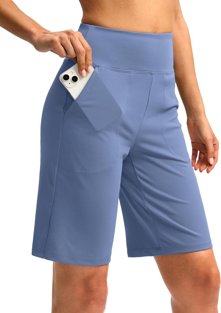 Women's 10" Bermuda Shorts Knee Length with Pockets High Waisted Athletic Long Shorts for Casual Walking Running Yoga (Haze Blue, S)