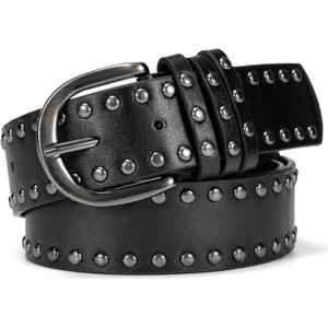 maikun Studded Leather Belt for Women, Punk Goth Grunge Belt for Jeans Pants Dresses (M: Waist size 32-36'', Black)