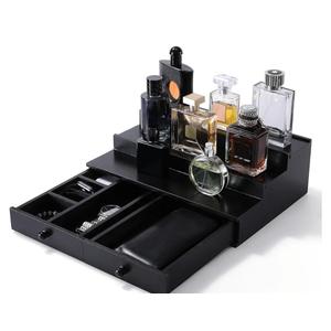 Cologne Organizer for Men, 3-Tier Cologne Stand with Drawer and Hidden Compartment, Wooden Cologne Shelf for Perfume Display Holder, Great Gift for Men, Black