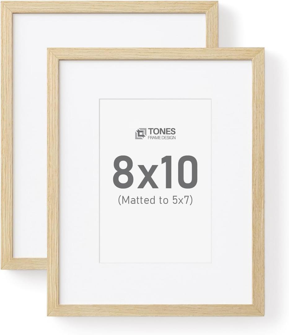 8x10 Picture Frame Natural Solid Wood Veneer Finish, Set of 2 Small Photo Frames with 5x7 Mat and Plexiglass Front for Tabletop Gallery Wall Home Decor (8x10 - 2 Pack)