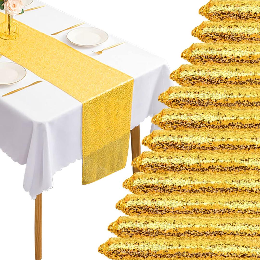 12 Packs 12 X 72 Inch Gold Sequin Table Runner Glitter Dining Table Runner for Birthday Wedding Engagement Bridal Baby Shower Bachelorette Holiday Celebration Party Supplies Decorations (Gold)