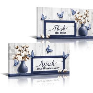 Visual Art Decor Bathroom Pictures Farmhouse Bathroom Quote Signs Toilet Wall Decor, Framed 6x12inchx2 Pieces (Blue)