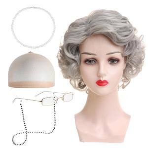 Old Lady Wig and Accessories, Gray Wigs for Women, Natural Appearance, Breathable and Comfortable, Suitable for Role Playing, Halloween Parties, Stage Performances (5Pcs Set, Grey)