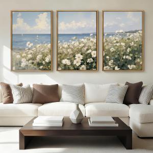 Anyzal Large Farmhouse Flower Framed Wall Art 16x24 Inch Coastal Wildflower Canvas Wall Decor Modern Landscape Painting for Living Room Bedroom Dining Room Set of 3