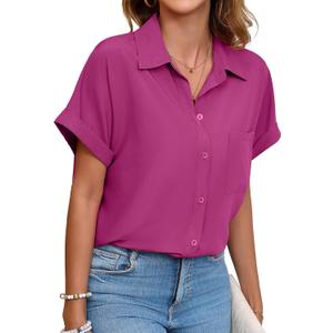 Womens Button Down Shirt Casual Short Sleeve Collared Work Blouse with Pocket (Small, A-07 Shocking Pink)