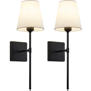 Wall Sconces Sets of 2, Bathroom Vanity Sconces Wall Lighting with White Fabric Shades, Hardwired Retro Industrial Wall Lamps, Wall Lights Suitable for Bedroom Living Room (Black)
