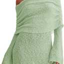 Women's Off Shoulder Cover Ups Summer Beach Swimsuit Long Bell Sleeve Sheer Dress Bathing Suit Coverup (Green, L)