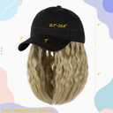 Baseball Hat Wig,Hat with Hair attached 16'' Adjustable Black Cap with Wavy Curly Synthetic Bob Hair Extensions for Women Girls(Ash Blonde)