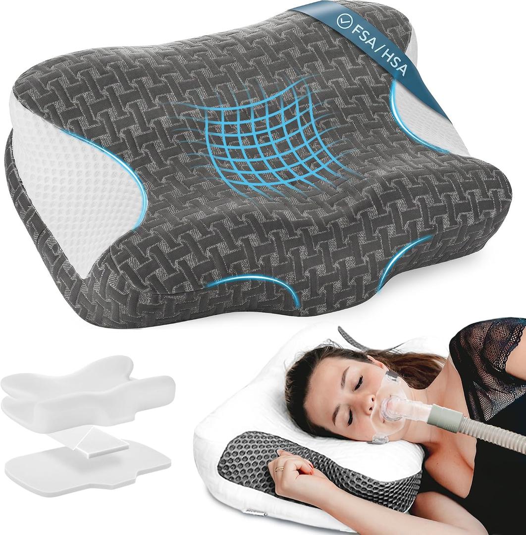 Elviros CPAP Pillow for Sleeping, HSA/FSA Ergonomic Adjustable Height Neck Support Memory Foam Bed Pillow for CPAP Users with Sleep Apnea, Suitable for Side and Back Sleepers