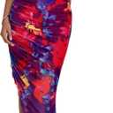 PRETTYGARDEN Women 2025 Summer Mesh Dress Spaghetti Strap Cowl Neck Print Ruched Bodycon Dresses Asymmetrical Long Dress (XL)