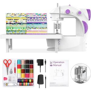 KPCB Tech Sewing Machine for Beginners [Full Set] with Finger Guard and Fabric Bundles - Mini Sewing Machine with Sewing Kits, Foot Pedal, US Adapter and Extension Table