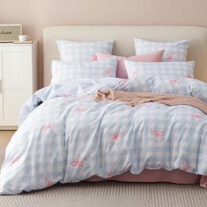 Girls Comforter Set Queen Size,3 Pieces Pink Bow Ties on Gingham Comforter Bedding Sets Reversible Pattern Back to School for Girls Kids,Cozy Microfiber Comforter and 2 Pillowcases