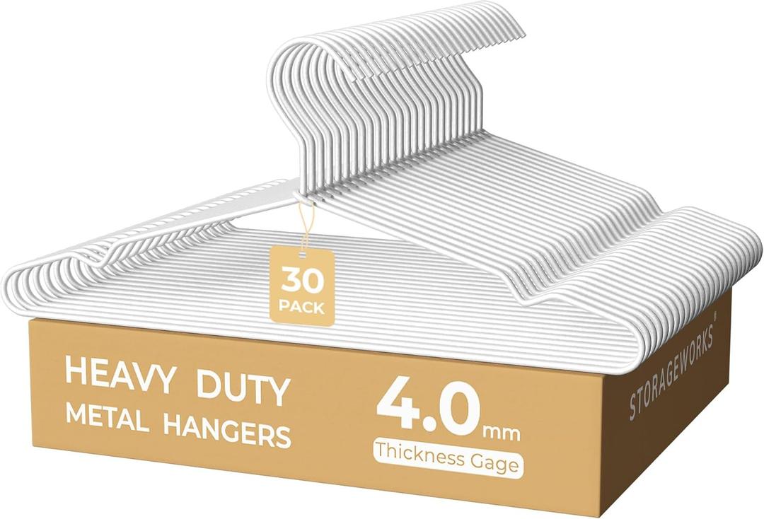 StorageWorks 4mm Super Thick Metal Wire Hangers, Heavy Duty Stainless Steel Clothes Hangers for Coats, Shirts Jackets, Pants, Suits, Space Saving White Hangers for Closet, 30 Pack