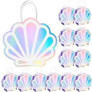 Locmeo 24 Pack Holographic Shell Gift Bags Mermaid Party Favor Bags with Iridescent Shell Cards for Mermaid Themed Supplies Ocean Under the Sea Party Favors