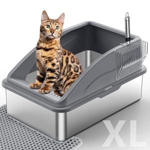 Stainless Steel Litter Box, Extra Large Litter Boxes for Big Cats, XL Metal Cat Litter Box with Lid, Anti-Urine Leakage, Non-Sticky, Include Cat Mat, Missing Scoop