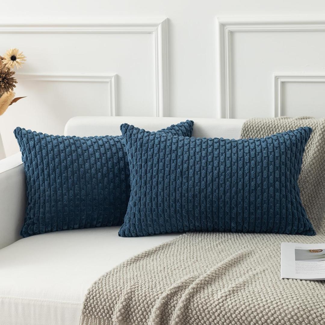 Kevin Textile Pack of 2 Corduroy Decorative Throw Pillow Covers 12x20 Inch Soft Boho Striped Pillow Covers Modern Farmhouse Home Decor for Autumn Sofa Living Room Couch Bed Blue