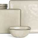 Famiware Square Ceramic Dinnerware Set for 8, Plates and Bowls, Light khaki