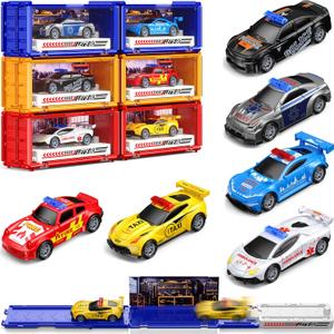 6 Pack Pull Back Race Cars Toy Set, Friction Powered Launching Cars for Kids Ages 3+, Mini Die-Cast Toy Cars Bulk for Toddlers 2-4, Small Toy Cars with Race Track Playmat, Party Favors, Birthday Gifts