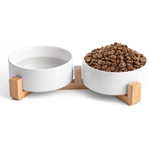 White Ceramic Dog & Cat Bowl Set  13.5 OZ with Wooden Stand, Non-Slip, Elevated Design for Small Dogs & Cats  2 Bowls (Food & Water, Ceramic Pet Bowls, Modern Dog Bowls)