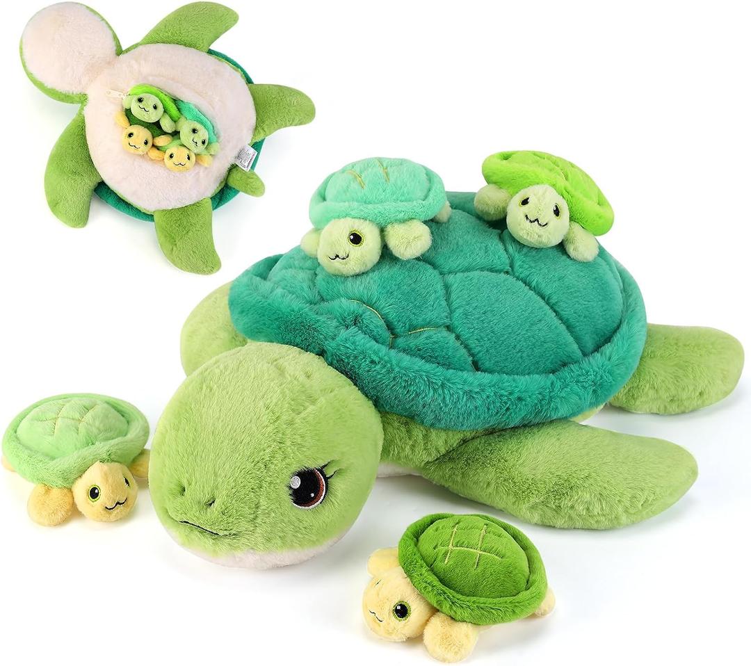 gnomantic 5 Pieces Turtle Stuffed Animals - 1 Mommy Stuffed Turtle with 4 Babies - Tortoise Gifts for Girls Age 3-8, Tortoise Plush Toys for Christmas, Valentine's, Birthday Gifts