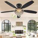 Crystal Ceiling Fan Fandelier with Lights-Ceiling Fans with Lights,50" Low Profile and Remote Control, Flush Mount, Reversible, Dimmable, Noiseless, Black Ceiling Fan for Bedroom