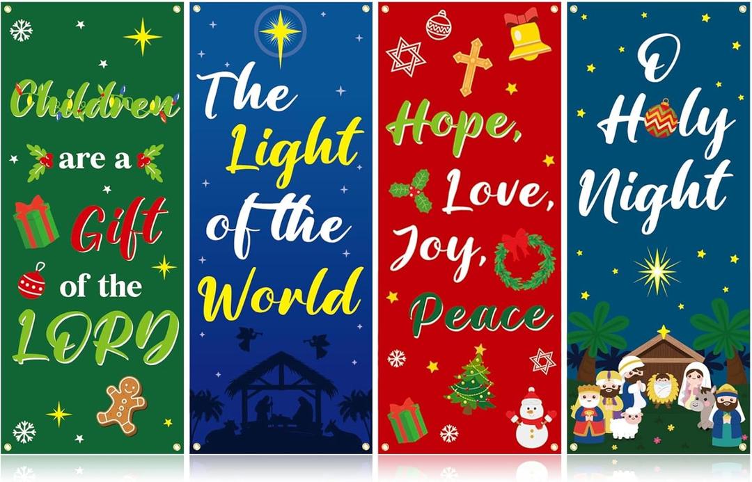 FuWeave 4 Pcs Christmas Banners for Church, Religious Nativity Church Banners with Scripture, Jesus' Birthday Scene Welcome Hanging Sign Banner for Classroom, Sanctuary Wall Christmas Decoration
