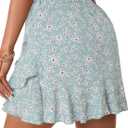 Vrtige Women's Boho Floral Print High Waist Drawstring Ruffle Hem Summer Mini Skirt (Blue, S)