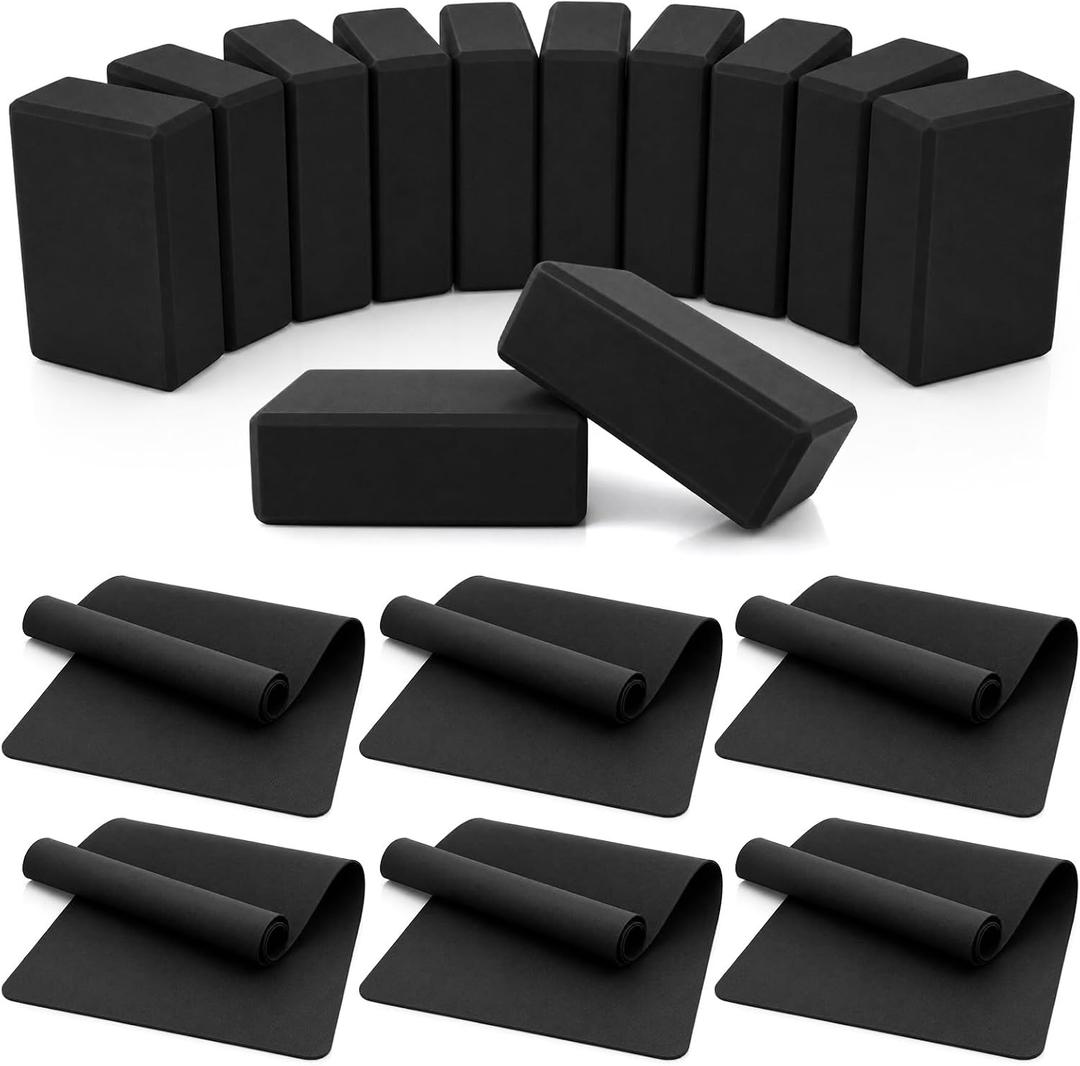 Hoteam 18 Packs Yoga Mats and Blocks Set Non Slip Extra Thick Exercise Mat 68'' x 24'' x 4 mm and EVA Yoga Blocks Latex Free Exercise Mats Set for Women Pilates Workout Outdoor