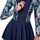 Century Star Womens Rash Guards Long Sleeve with Skirt Athletic Rash Guard for Women Tummy Control Zipper Swimming Swim Dress Navy Leaves 68 M