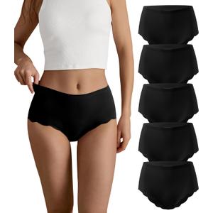 SHARICCA Seamless High Waisted Underwear for Women Cheeky Underwear Wave Edge No Show Bikini Panties Ribbed Panties Pack (Medium, 5p - All Black)