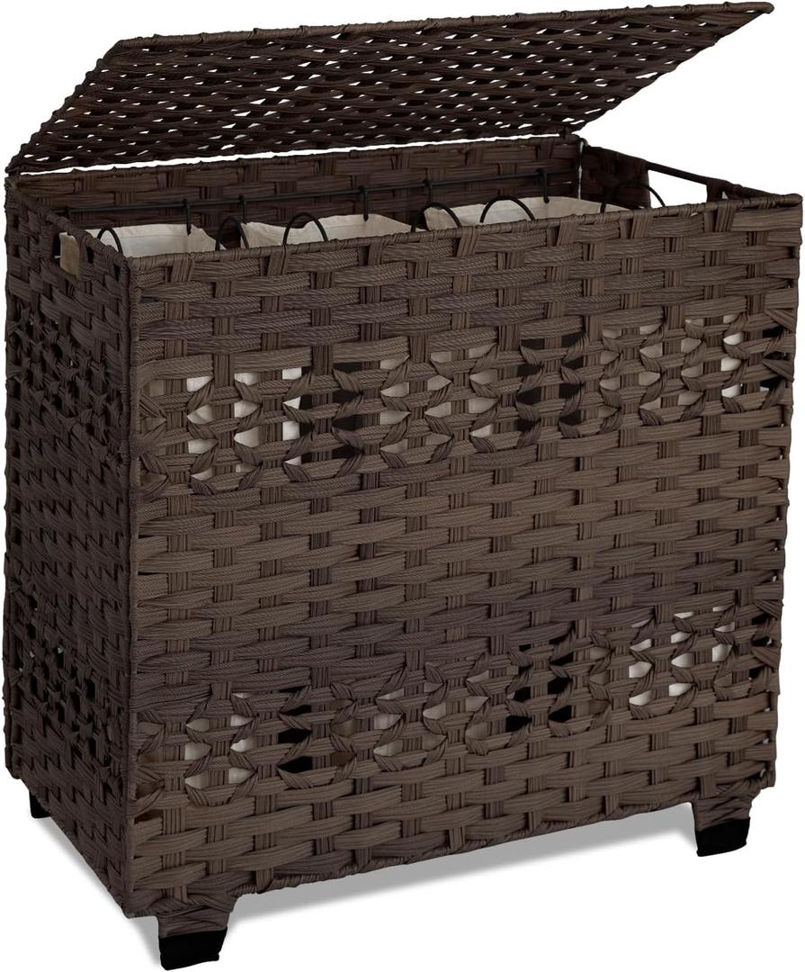OIAHOMY Laundry Hamper with Lid, 140L Clothes Hamper with 3 Removable Liner Bags, Foldable Basket with Lid, Synthetic Wicker Laundry Basket for Bedroom, 27x 13 x 26 Inches, Brown