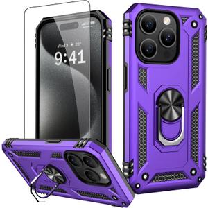 2 x IKAZZ for iPhone 15 Pro Max Case 6.7 Inch with Screen Protector,Military Grade Shockproof Heavy Duty Protective Phone Cover Pass 16ft Drop Test with Magnetic Kickstand Car Holder,Purple