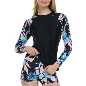 Hurley Womens Two Piece Rash Guard & Swim Shorts, Long Sleeve Swim Shirt, Quick Dry Swimsuits UPF 50+ SPF Sun & UV Protection (Medium, Black Multi)